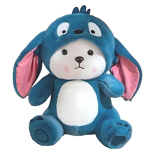Blue plush toy with pink inner ears on a white background