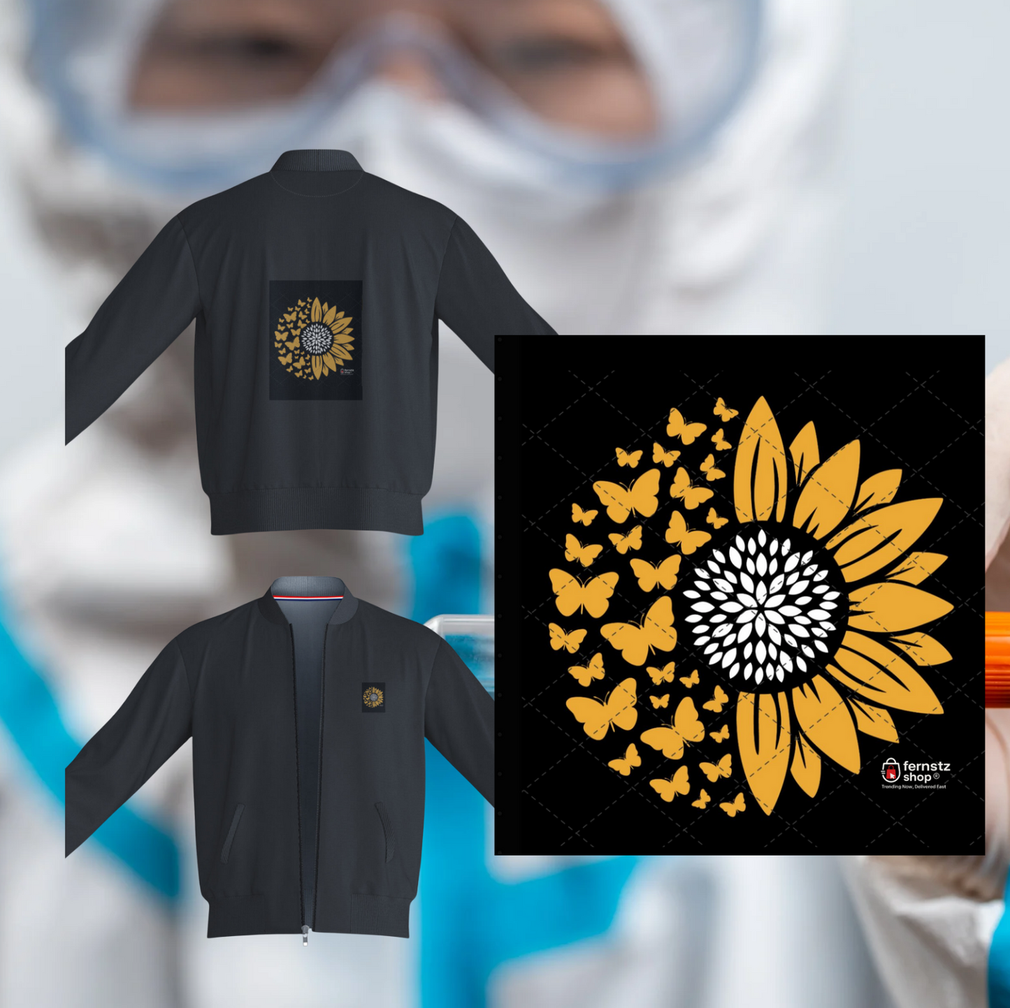 Butterfly Bloom Sunflower Bomber Jacket -Black & Charcoal Grey