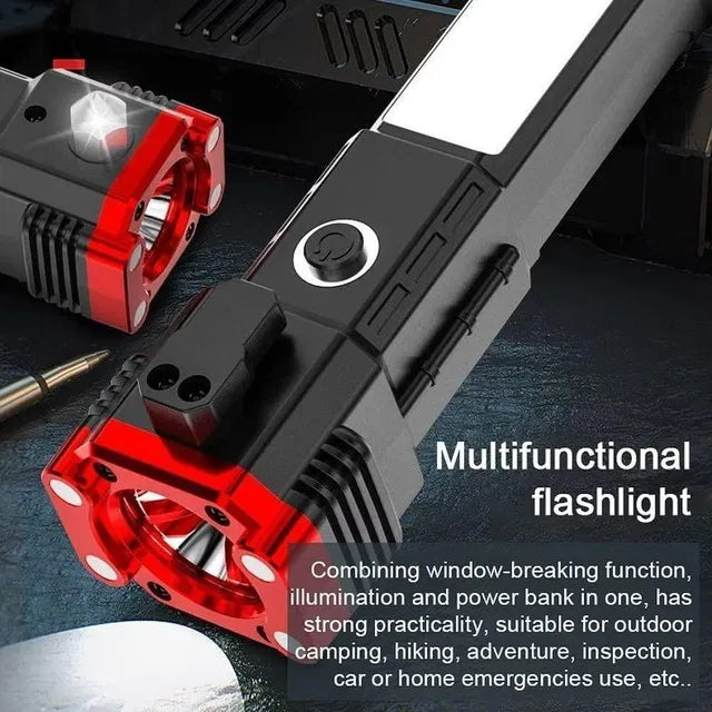 Multifunctional flashlight with red and black design on a dark surface