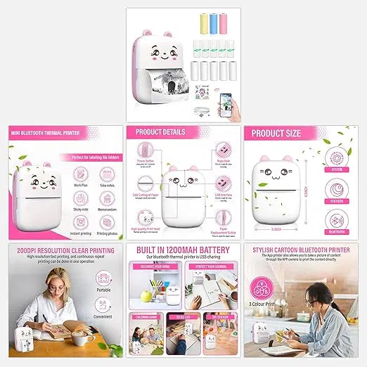 Bluetooth Mini Printer for Students | Inkless Wireless Thermal Printer -Monoack & White)