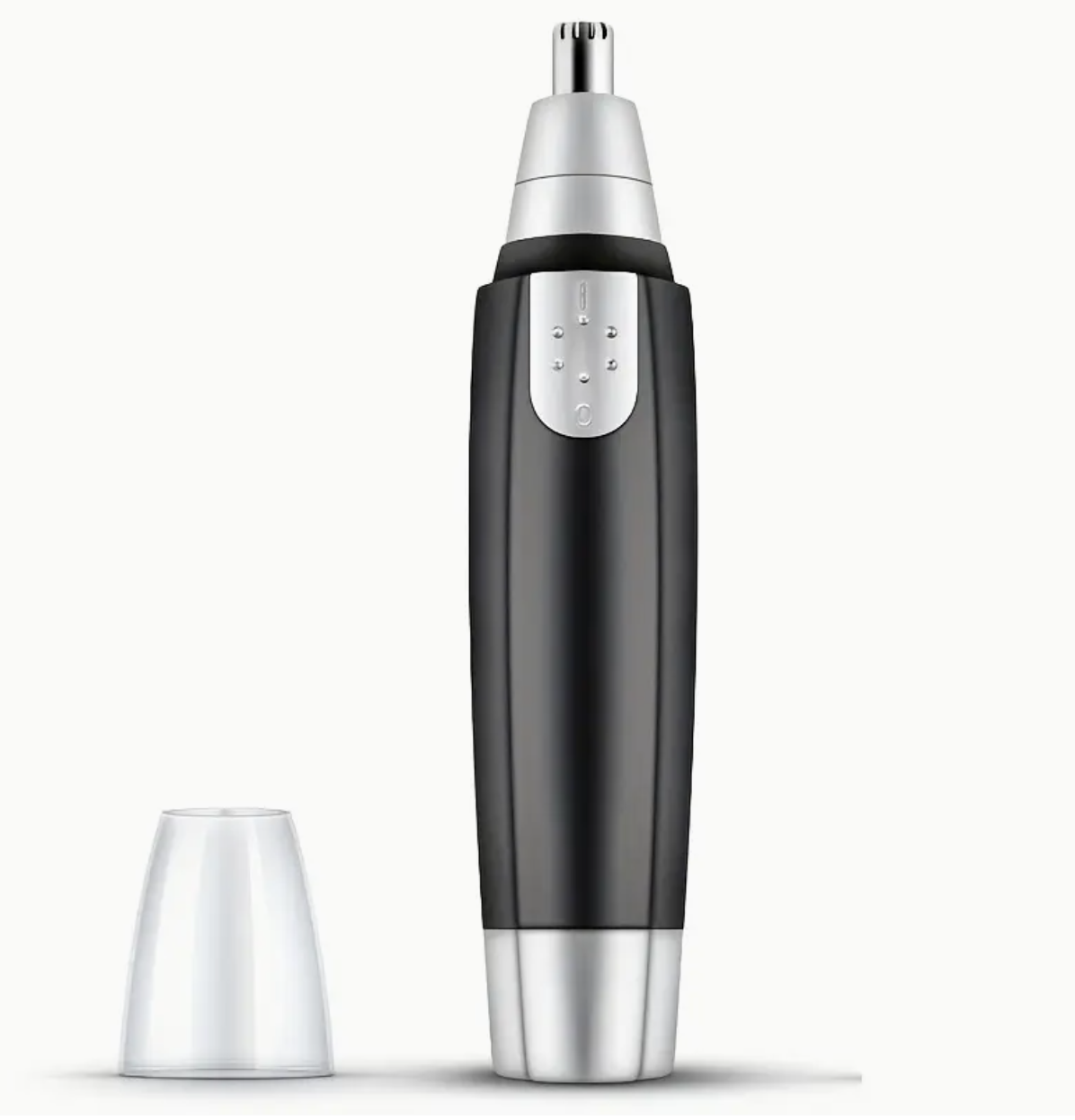 Black and silver electric nose hair trimmer on a white background