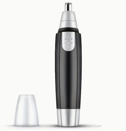 Black and silver electric nose hair trimmer on a white background