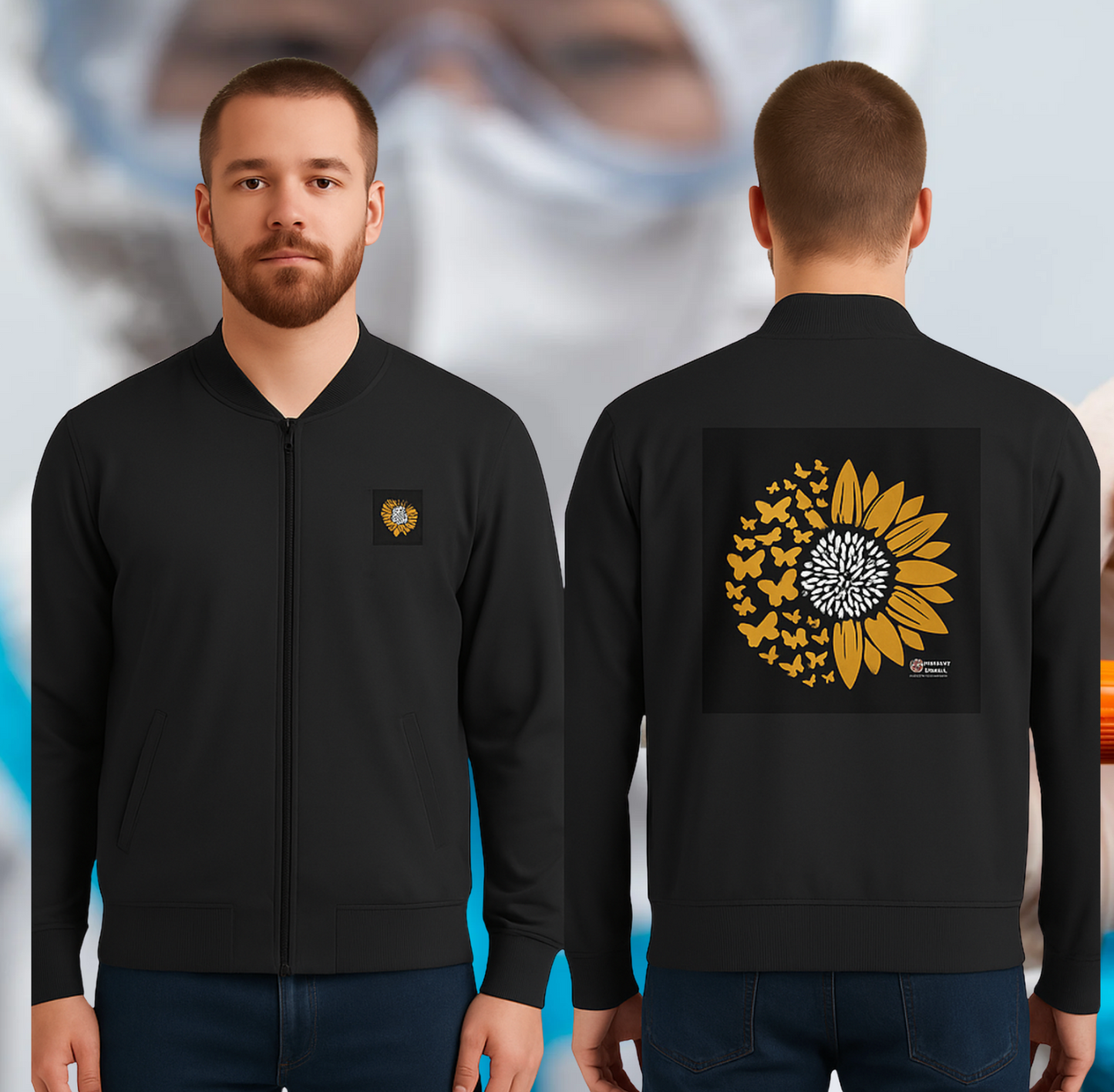 Butterfly Bloom Sunflower Bomber Jacket -Black & Charcoal Grey