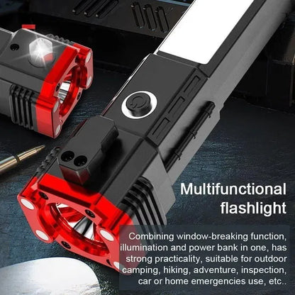 Multifunctional flashlight with red and black design on a dark surface